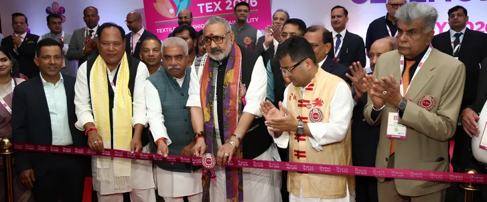 Dr. Rakesh Kumar, Core Committee Member Bharat Tex Trade Federation; Shri Urkhao Gwra Brahma, Minister for Handloom, Textile & Sericulture, Soil Conservation, and Welfare of Bodoland - Government of Assam, Shri Rakesh Sachan, Minister for Khadi and Villages Industries of Uttar Pradesh, Shri Giriraj Singh, Union Minister - Ministry of Textiles, Government of India, Shri Pabitra Margherita, Minister of State - Ministry of Textiles